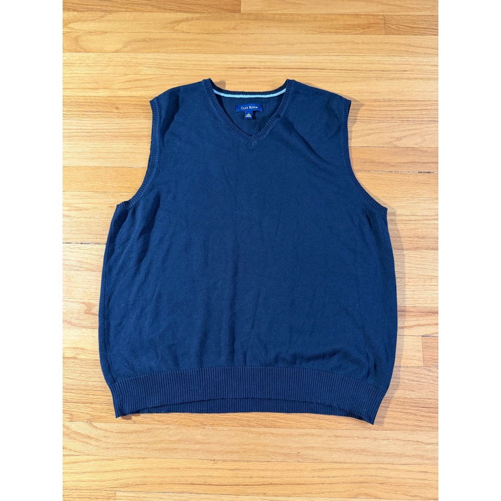 Club Room Mens Navy Blue V-Neck Sweater Vest 100% Cotton Size Large Preppy Knit